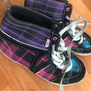 Vans off the wall high hi tops purple pink blue plaid sneakers women MISSY Sz 4